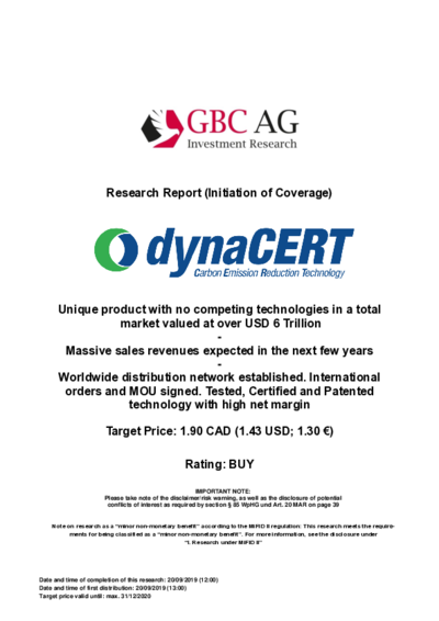 Buy recommendation for dynacert by GBC Research. Price target 1.90 CAD