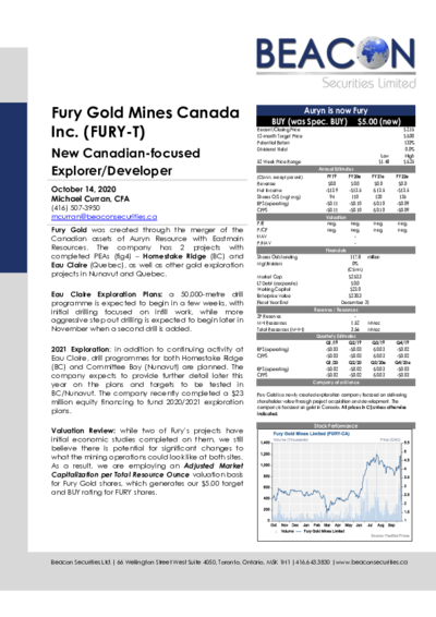Beacon gives buy recommendation for Fury Gold Mines with price target of 5 CAD
