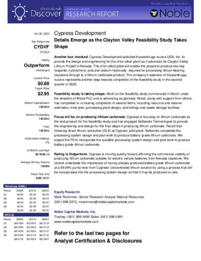 Noble Capital Markets mit Kaufempfehlung für Cypress Development und Kursziel 2,95 CAD