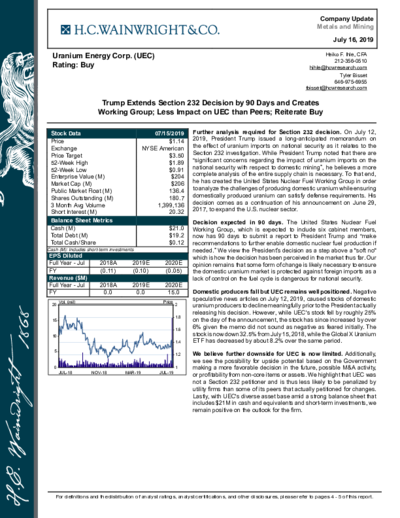 H.C. Wainwright confirms buy recommendation for UEC – price target 3.50 USD