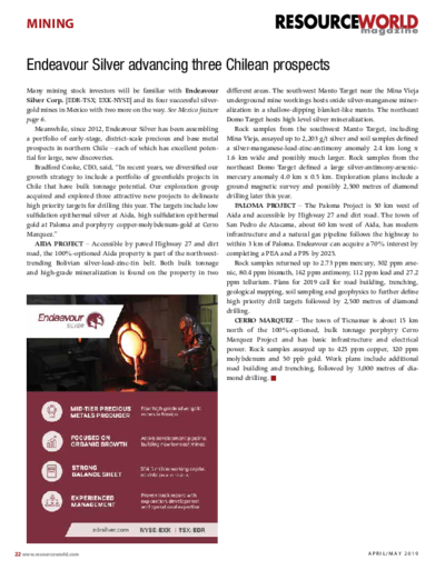 Resource Magazin writes on Chilean projects of Endeavour Silver