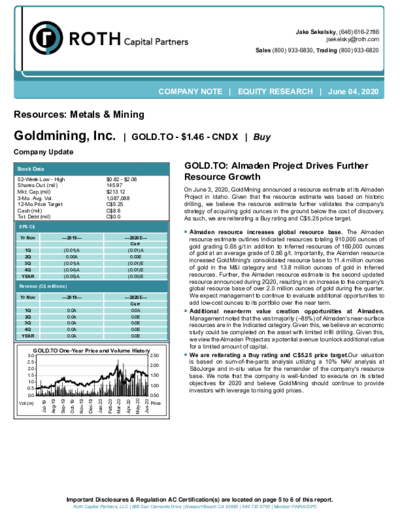 Buy recommendation for GoldMining from Roth Capital with price target 5.25 CAD