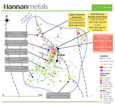 Hannan Expands Mineralized Breccia Footprint at Previsto to 305 metres; All 175 Channel Samples Mineralized