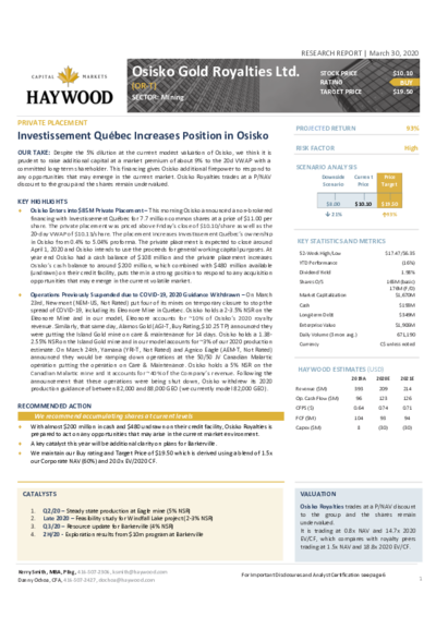 Buy recommendation with price target 19.50 CAD from Haywood Research for Osisko Gold Royalties