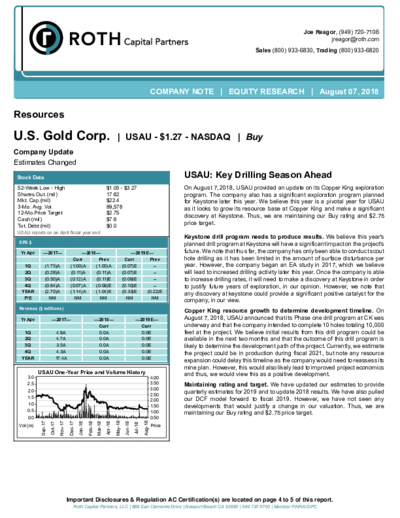 Buy Recommendation from ROTH Capital Partners for U.S. Gold – Target price: 2.75 USD