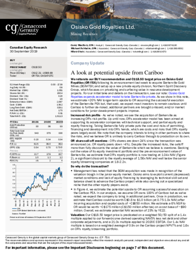 Canaccord Research buy recommendation for Osisko Gold Royalties – price target 18.50 CAD “Potential upside through Cariboo”