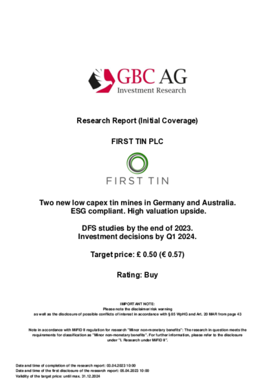 GBC Research mit Kaufempfehlung für First Tin plc und Kursziel 0,50 EUR