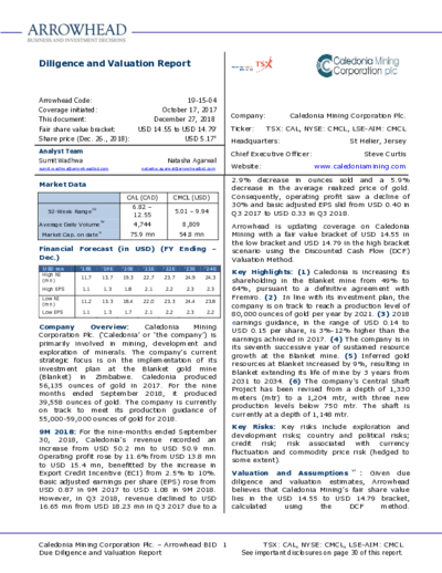 Arrowhead Research with buy recommendation for Caledonia Mining – price target 14.55 USD