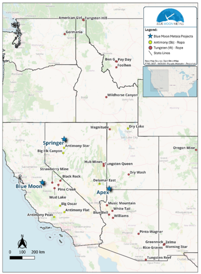 Blue Moon Metals Acquires 33 Tungsten and Antimony Projects in the Western United States Becoming a Significant U.S. Tungsten, Germanium, Gallium and Antimony Owner in the U.S.