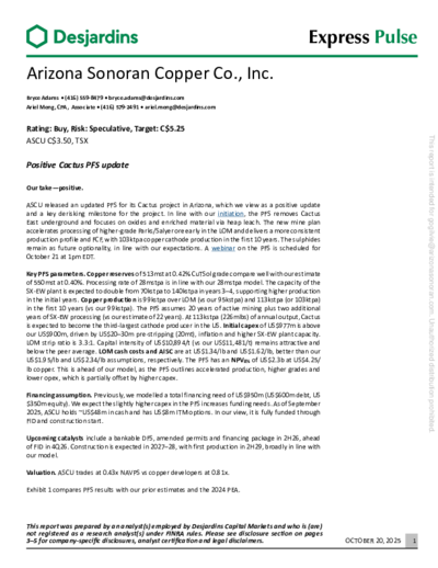 Desjardins mit erneuter Kaufempfehlung für Arizona Sonoran Copper und erhöhtem Kursziel von 8 CAD