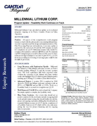 Buy recommendation for Millennial Lithium from Cantor Fitzgerald – price target: 4.40 C$