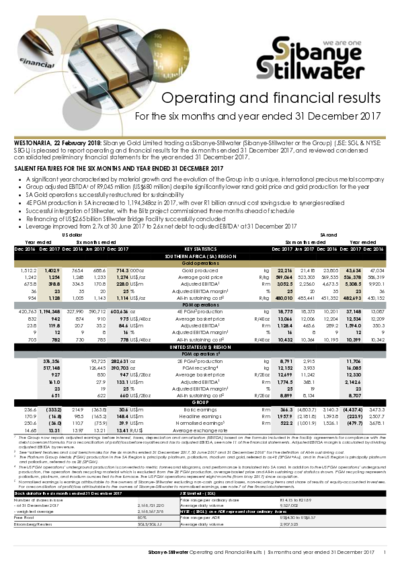 Sibanye-Stillwater Results booklet H2-2018