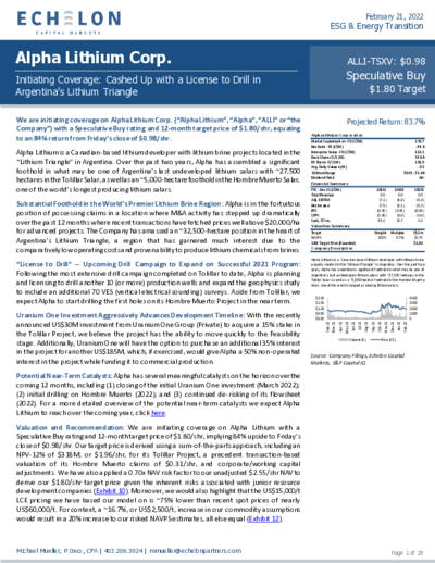 Kaufempfehlung Alpha Lithium von Echelon mit Kursziel 1,80 CAD
