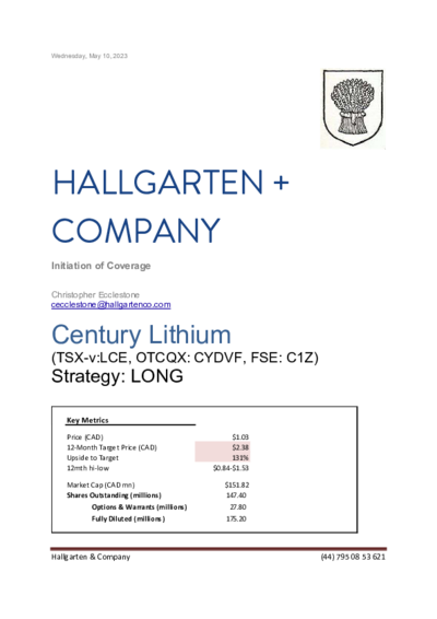 Hallgarten gibt Kaufempfehlung für Century Lithium mit Kursziel 2,38 CAD