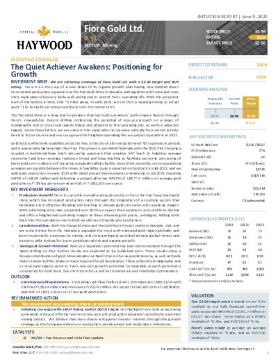 Buy recommendation for Fiore Gold from Haywood with price target 2 CAD