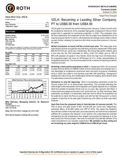 Roth Capital again with buy recommendation for Vizsla Silver and higher price target of 6 USD