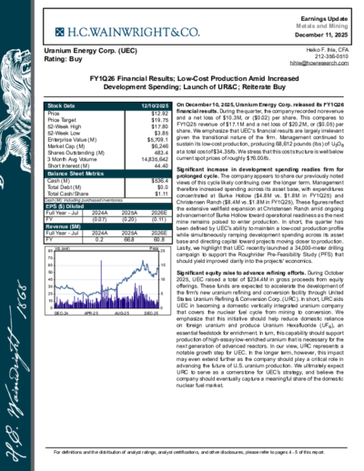 H.C. Wainwright again with buy recommendation for Uranium Energy Corporation abd price target of 19.75$