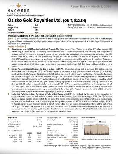 Osisko buys 5% NSR on Eagle Gold Project from Victoria 