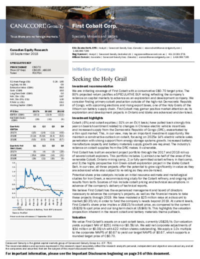 First coverage of First Cobalt by Canaccord with buy recommendation and price target of 0.70 CAD