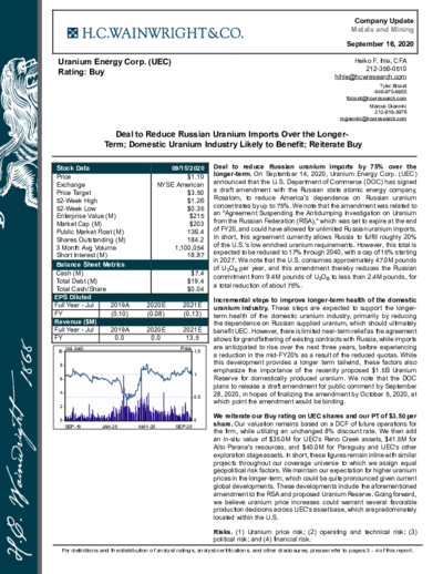 H.C. Wainwright with buy recommendation for UEC and price target of 3.50 USD