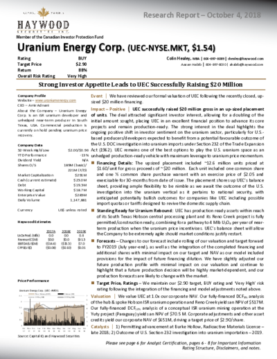 Research Update UEC from Haywood – Price Target 2.90 USD