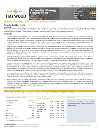Haywood Research gives buy recommendation for Adventus Mining, price target 2.50 CAD