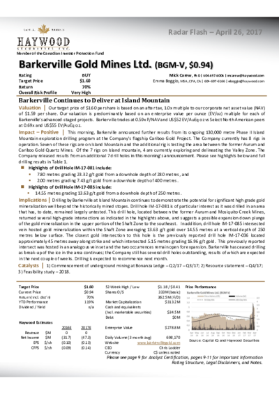 Haywood Securities: 1.60 $ new target Barkerville Gold Mines Ltd.