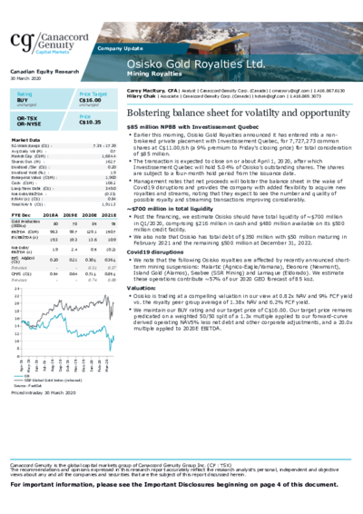 Buy recommendation for Osisko Gold Royalties from Canaccord with price target 16 CAD