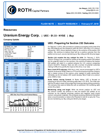 Roth Capital Research with buy recommendation for UEC – price target 3.40 USD