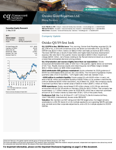 Buy Recommendation after good Q1-2019 data for Osisko Gold Royalties from Canaccord Genuity – Price Target: 17.50 CAD