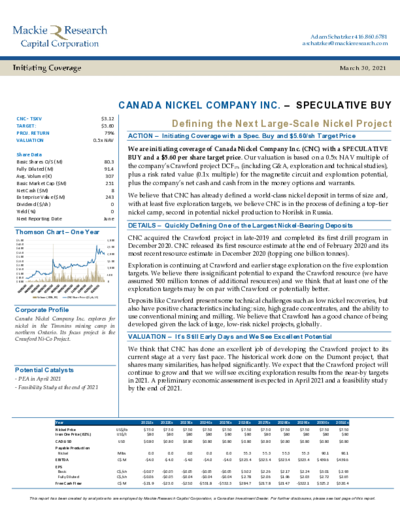 Mackie Research gives buy recommendation for Canada Nickel with price target of 5.60 CAD