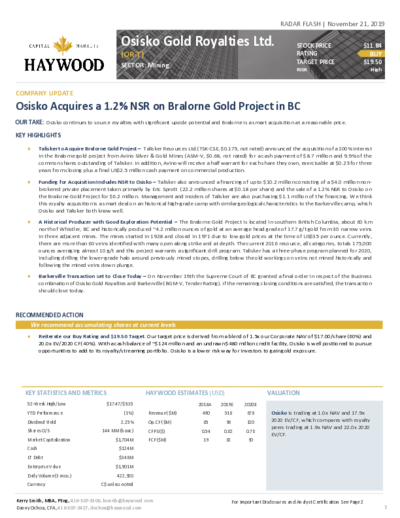 Haywood with buy recommendation update on Osisko Gold Royalties – Price target 19.50 CAD