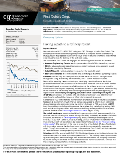 Canaccord Genuity with buy recommendation for First Cobalt with price target 0.70 CAD