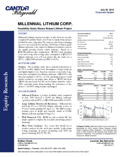 Cantor Fitzgerald Research buy recommendation for Millennial Lithium – price target 3.80 CAD