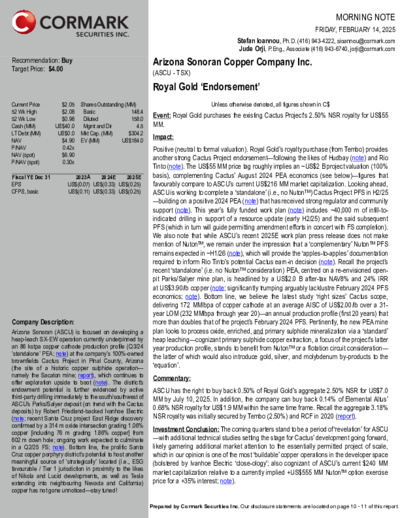Cormark gives buy recommendation for Arizona Sonoran Copper and a price target of 4.00 CAD