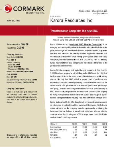 Cormark Securities with buy rating for Karora Resources and price target of 0.90 CAD$