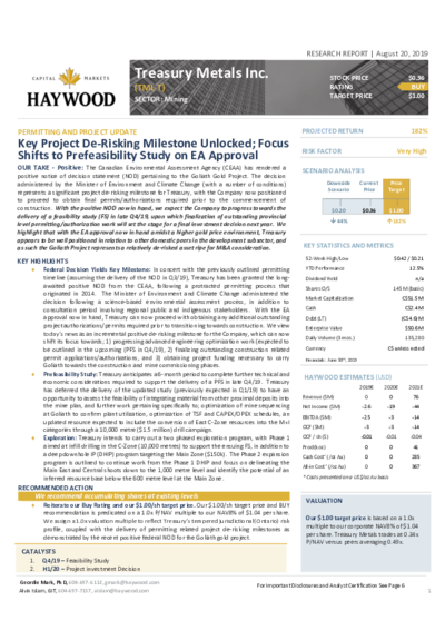 Haywood with buy recommendation for Treasury Metals – price target 1.00 CAD