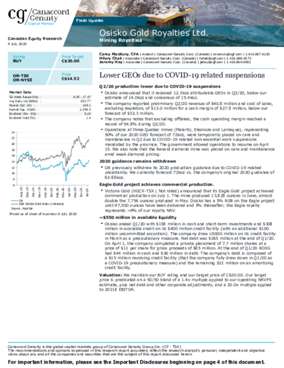 Canaccord buy recommendation for Osisko Gold Royalties with price target of 20 CAD