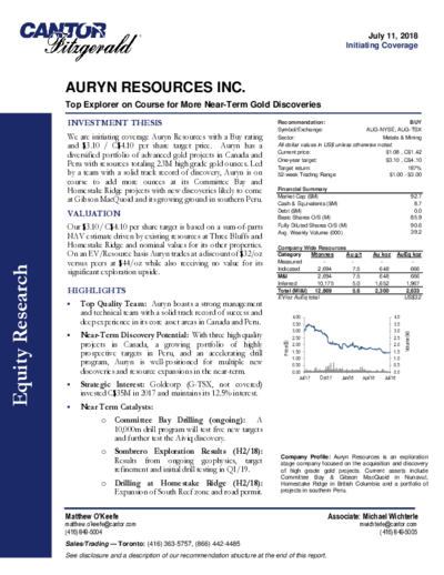 AURYN RESOURCES INC. Top Explorer on Course for More Near-Term Gold Discoveries - 12–month price target 4.10 CAD