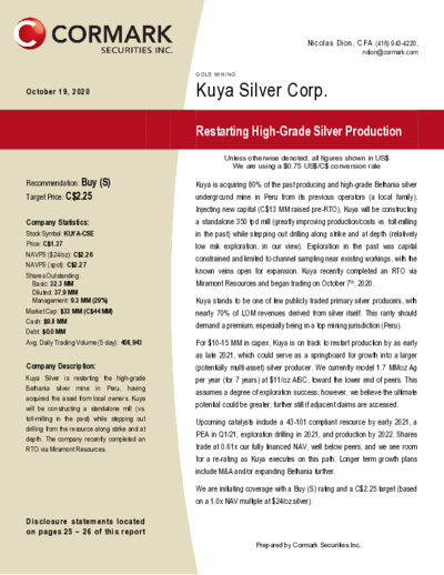 Cormark first research with buy recommendation for Kuya Silver and price target of 2.25 CAD