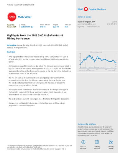 BMO Conference, Miami: MAG Silver Price target 23 CAD
